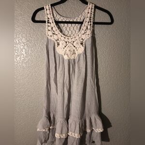 Women's Gray w/White Crochet Detailing Ruffle Hemline Racerback Mini Dress